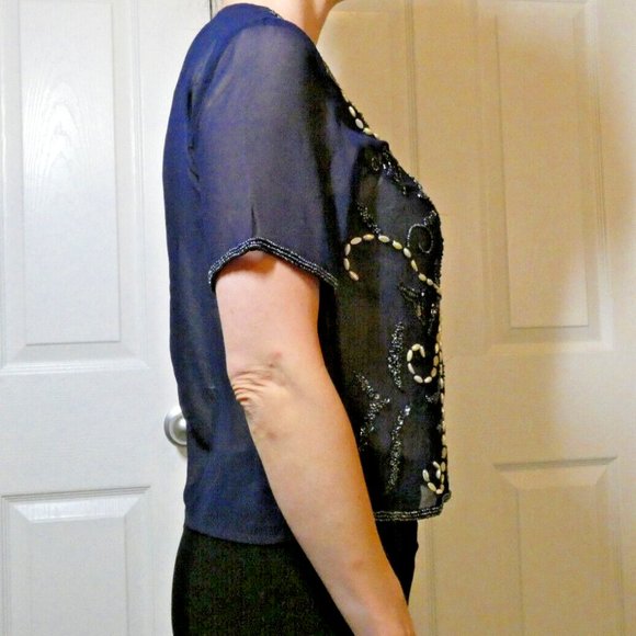 Navy Chiffon Blouse Beaded Top Sheer Dinner Dance Cocktail Party UK 10 = US 6 - Picture 4 of 9